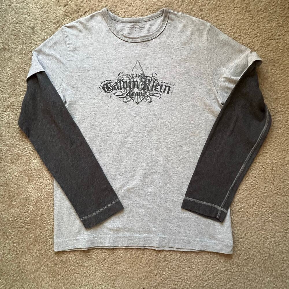 Calvin Klein Jeans Men's M Layered Double Sleeve Graphic T-Shirt Gray Y2K Style